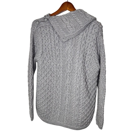 Aran Mor Cowl Button Neck Merino Wool Cable Knit Grey Sweater Size Medium NWT - Picture 2 of 9